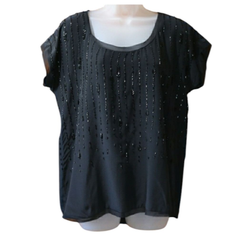 Eileen Fisher Silk Crepe De Chine Black Beaded Blouse Nwt Medium